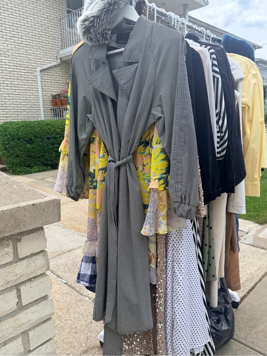 Jackets & Blazers - Gray Belted Trench Dress with Yellow Floral Accent
